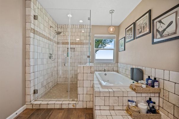 Bathroom, Glass Shower, Interior, Pendant Lights, Recessed Lighting, Wood Texture Flooring
