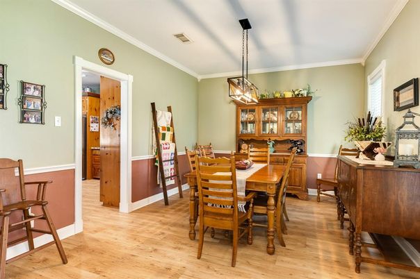 Dining room, Interior, Pendant Lights, Wood Texture Flooring