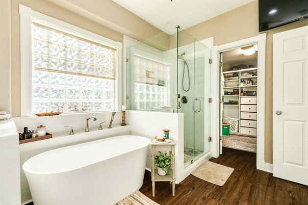 Bathroom, Free Standing Baths, Glass Shower, Interior, Recessed Lighting, Walk-in Closets, Wood Texture Flooring