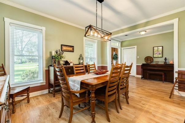 Dining room, Interior, Pendant Lights, Piano, Wood Texture Flooring