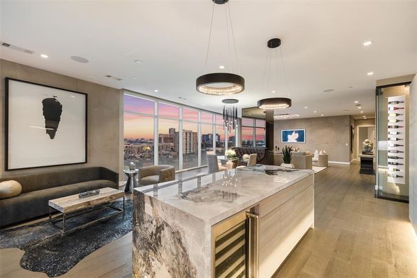 Dining room, Interior, Living room, Pendant Lights, Recessed Lighting, Wood Texture Flooring