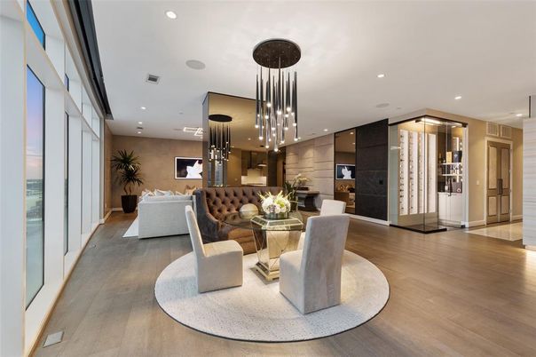 Dining room, Interior, Kitchen, Pendant Lights, Recessed Lighting, Stainless Steel Appliances, Wood Texture Flooring