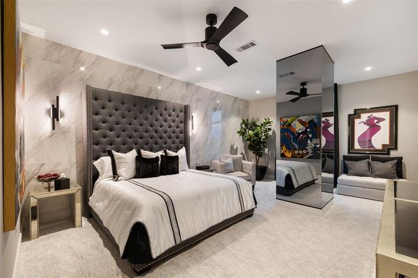 Bedroom, Interior, Marble Walls, Recessed Lighting