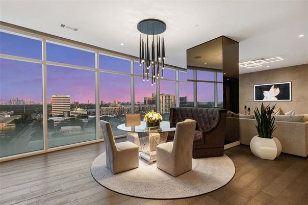 Dining room, Interior, Pendant Lights, Recessed Lighting, Wood Texture Flooring