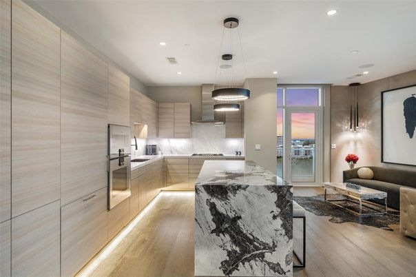 Interior, Kitchen, Living room, Pendant Lights, Recessed Lighting, Stainless Steel Appliances, Wood Texture Flooring