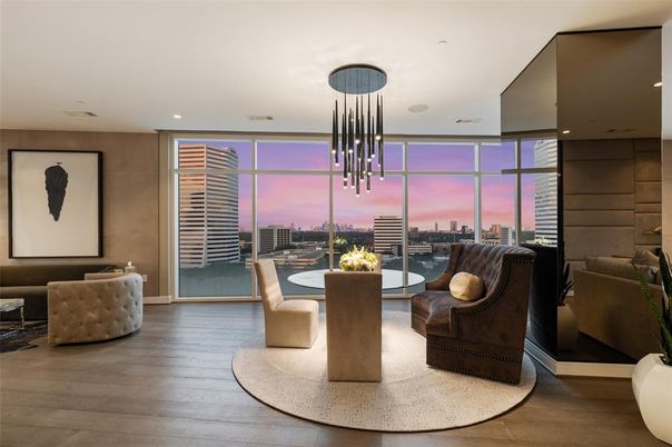Dining room, Interior, Pendant Lights, Recessed Lighting, Wood Texture Flooring