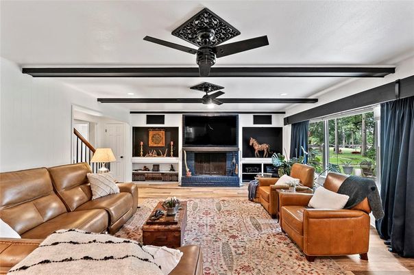 Fireplace, Interior, Living room, Recessed Lighting, Wood Texture Flooring