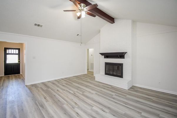 Empty room, Fireplace, Interior, Wooden Beams, Wood Texture Flooring