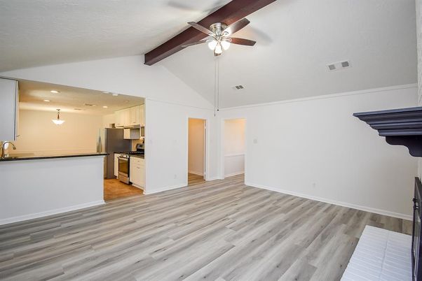 Empty room, Interior, Kitchen, Pendant Lights, Recessed Lighting, Wooden Beams, Wood Texture Flooring
