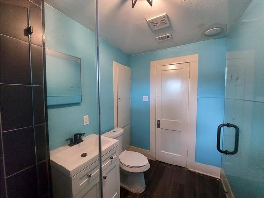 Bathroom, Glass Shower, Interior, Wood Texture Flooring