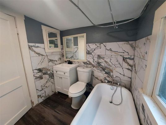 Bathroom, Interior, Marble Walls, Wood Texture Flooring