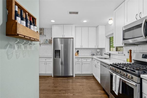 Interior, Kitchen, Recessed Lighting, Stainless Steel Appliances, Wood Texture Flooring