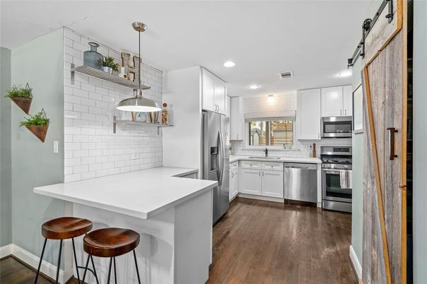 Interior, Kitchen, Pendant Lights, Recessed Lighting, Stainless Steel Appliances, Wood Texture Flooring