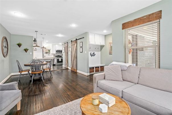 Dining room, Interior, Kitchen, Living room, Pendant Lights, Recessed Lighting, Stainless Steel Appliances, Wood Texture Flooring