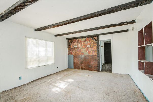 Empty room, Fireplace, Interior, Stone Walls, Wooden Beams