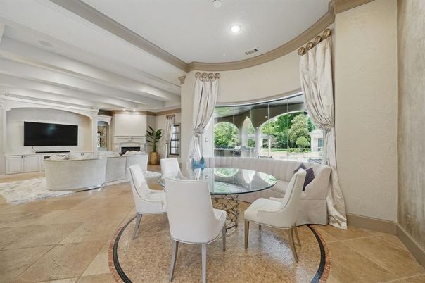 Dining room, Fireplace, Interior, Living room, Recessed Lighting