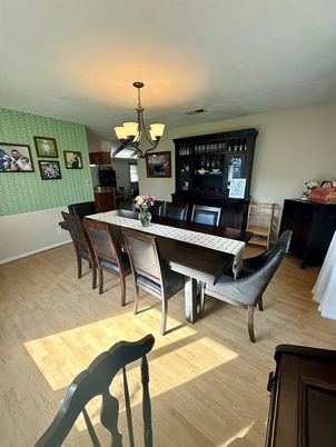 Chandelier, Dining room, Interior, Pendant Lights, Wood Texture Flooring