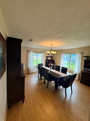 Chandelier, Dining room, Interior, Wood Texture Flooring