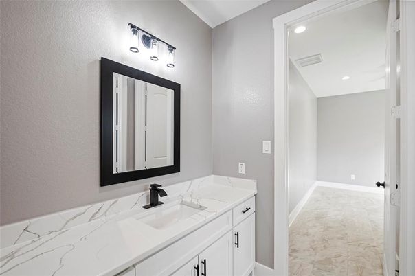 Bathroom, Dual Sink Vanities, Interior, Marble, Recessed Lighting
