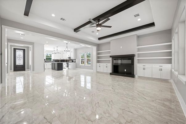 Fireplace, Interior, Kitchen, Marble, Pendant Lights, Recessed Lighting