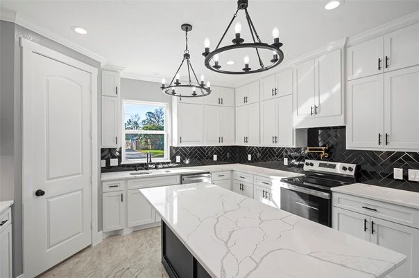 Chandelier, Interior, Kitchen, Marble, Pendant Lights, Recessed Lighting, Stainless Steel Appliances