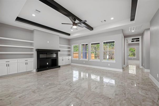 Empty room, Interior, Marble, Recessed Lighting, Wooden Beams