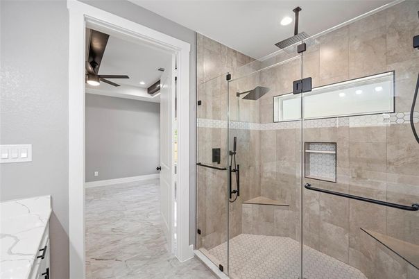 Bathroom, Glass Shower, Interior, Marble, Recessed Lighting