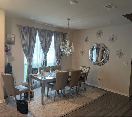 Chandelier, Dining room, Interior, Wood Texture Flooring