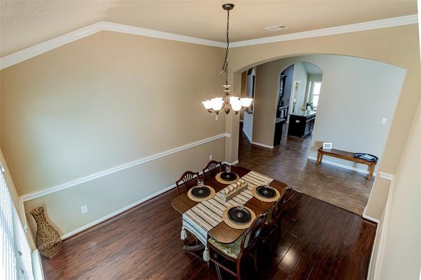 Chandelier, Dining room, Interior, Pendant Lights, Wood Texture Flooring
