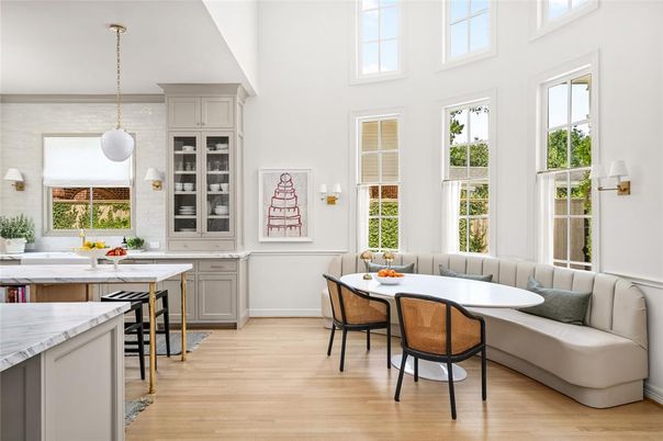 Dining room, Interior, Pendant Lights, Wood Texture Flooring