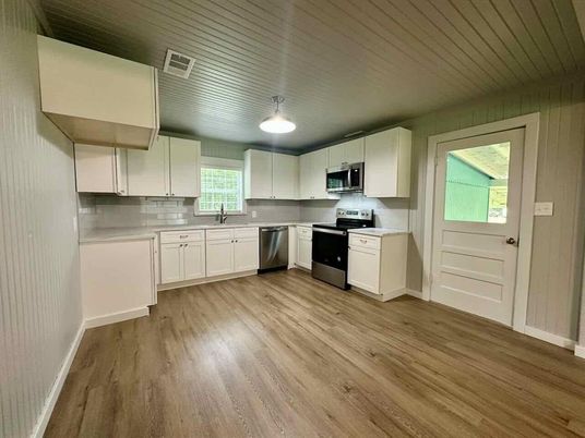 Interior, Kitchen, Pendant Lights, Stainless Steel Appliances, Wood Texture Flooring