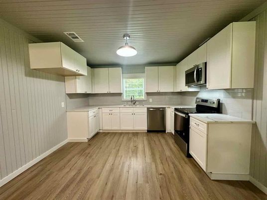 Interior, Kitchen, Pendant Lights, Stainless Steel Appliances, Wood Texture Flooring