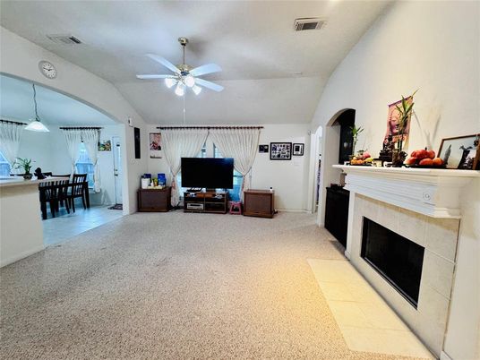 Dining room, Fireplace, Interior, Pendant Lights