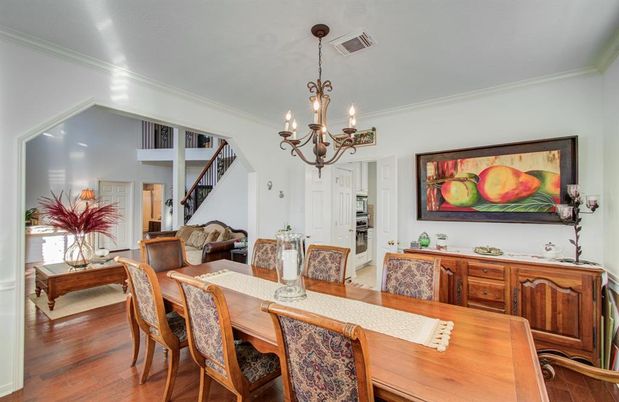 Chandelier, Dining room, Interior, Wood Texture Flooring