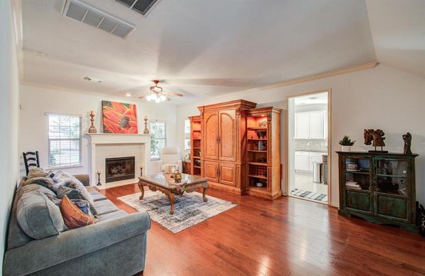 Fireplace, Interior, Living room, Recessed Lighting, Wood Texture Flooring