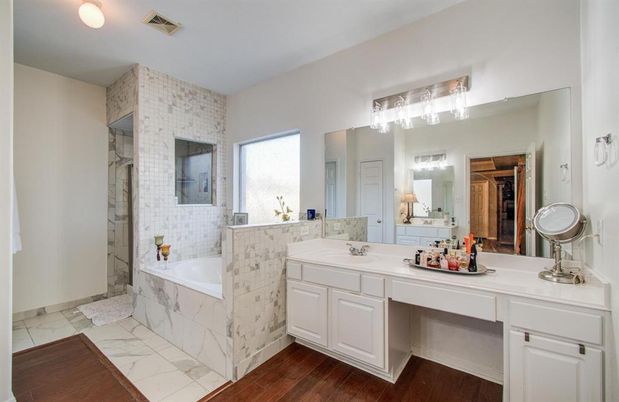 Bathroom, Dual Sink Vanities, Interior, Marble, Wood Texture Flooring