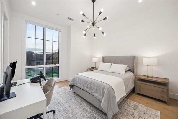 Bedroom, Home Office, Interior, Pendant Lights, Recessed Lighting, Wood Texture Flooring