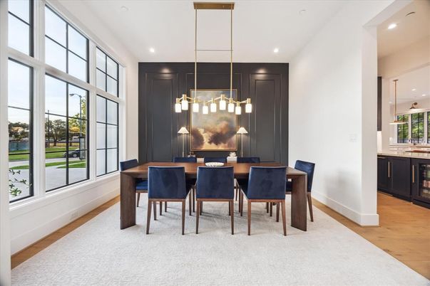 Dining room, Interior, Pendant Lights, Recessed Lighting, Wood Texture Flooring