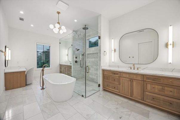 Bathroom, Dual Sink Vanities, Free Standing Baths, Glass Shower, Interior, Marble, Pendant Lights, Recessed Lighting