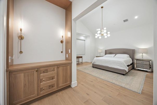 Bedroom, Interior, Pendant Lights, Recessed Lighting, Wood Texture Flooring