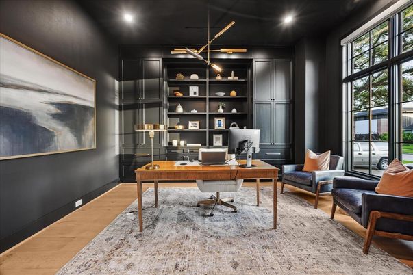 Home Office, Interior, Pendant Lights, Recessed Lighting, Wood Texture Flooring
