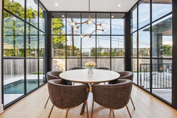 Dining room, Interior, Pendant Lights, Recessed Lighting, Sun Room, Wood Texture Flooring