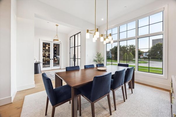 Dining room, Interior, Pendant Lights, Recessed Lighting, Wood Texture Flooring