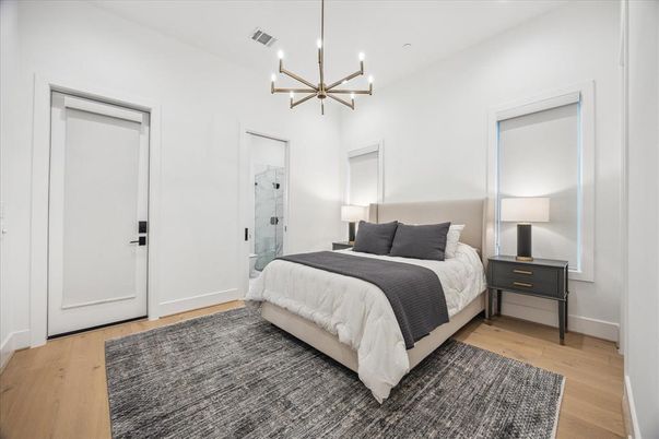Bedroom, Interior, Pendant Lights, Wood Texture Flooring