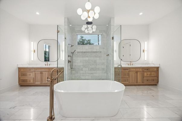Bathroom, Free Standing Baths, Glass Shower, Interior, Marble, Marble Walls, Recessed Lighting