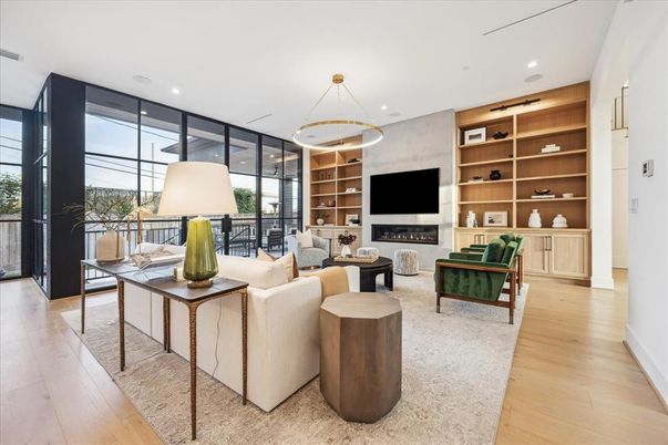 Fireplace, Interior, Living room, Recessed Lighting, Wood Texture Flooring