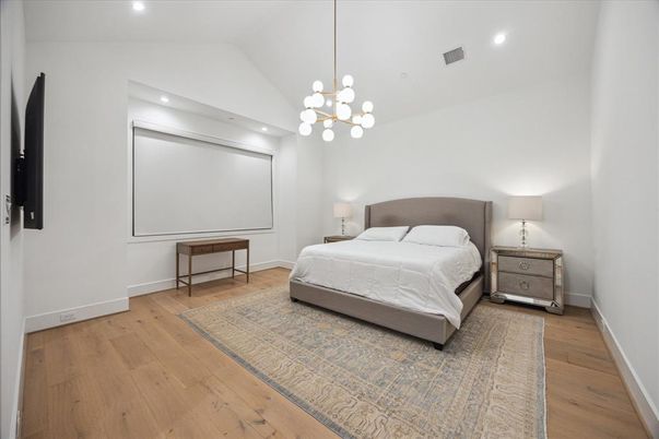 Bedroom, Interior, Pendant Lights, Recessed Lighting, Wood Texture Flooring
