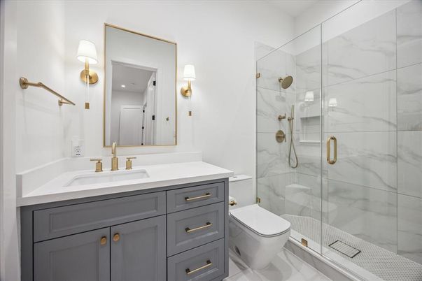 Bathroom, Glass Shower, Interior, Marble Walls, Recessed Lighting