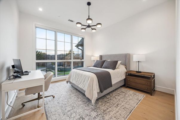 Bedroom, Home Office, Interior, Pendant Lights, Recessed Lighting, Wood Texture Flooring