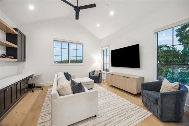 Home Office, Interior, Living room, Recessed Lighting, Wood Texture Flooring